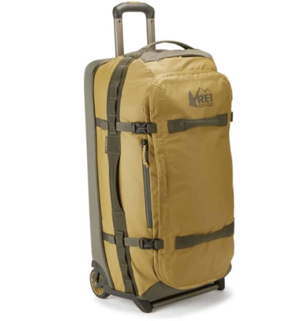 rei rolled duffel wheeled suitcase front