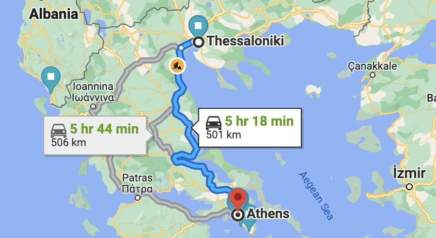 athens to thessaloniki distance