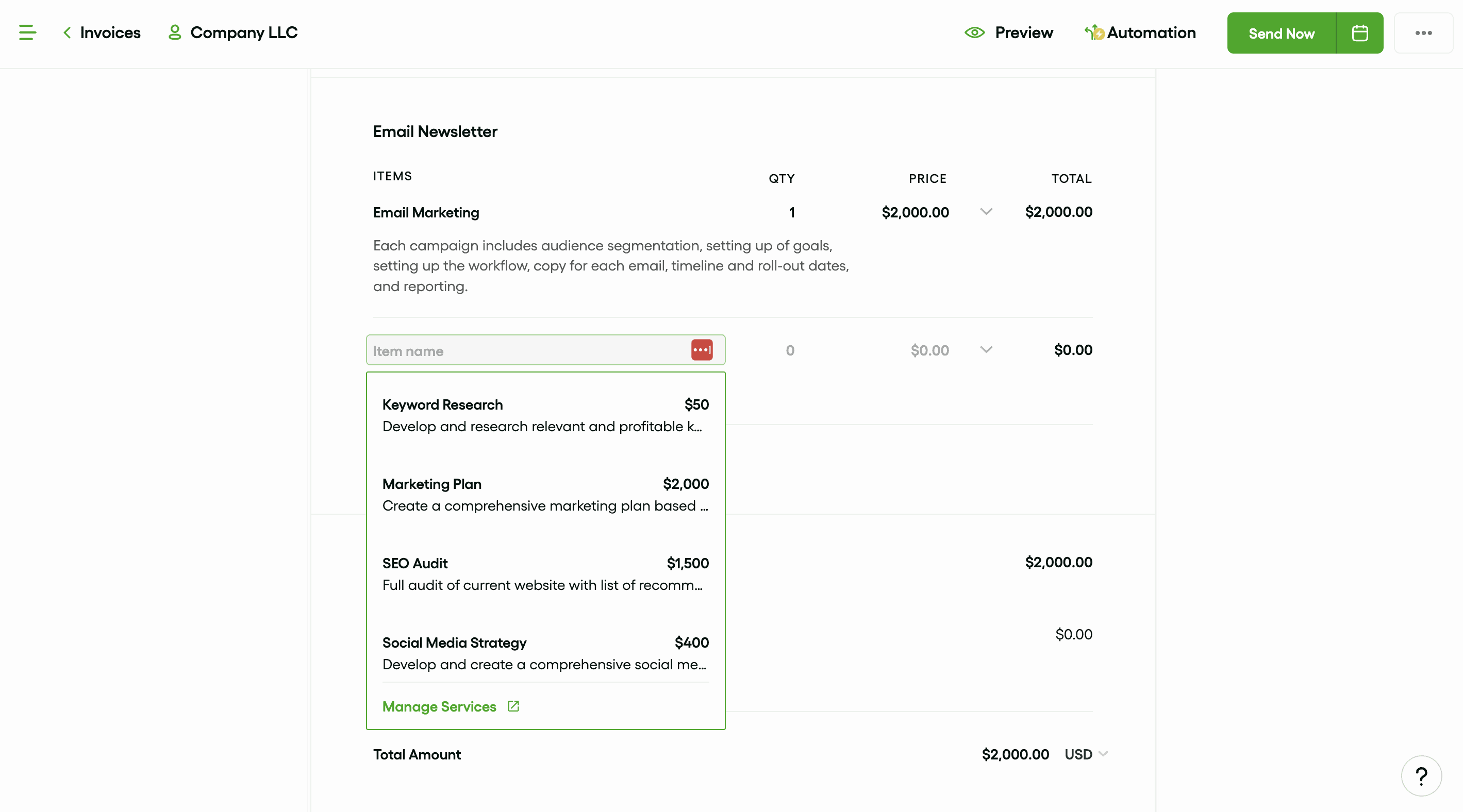 easily adding services to invoice