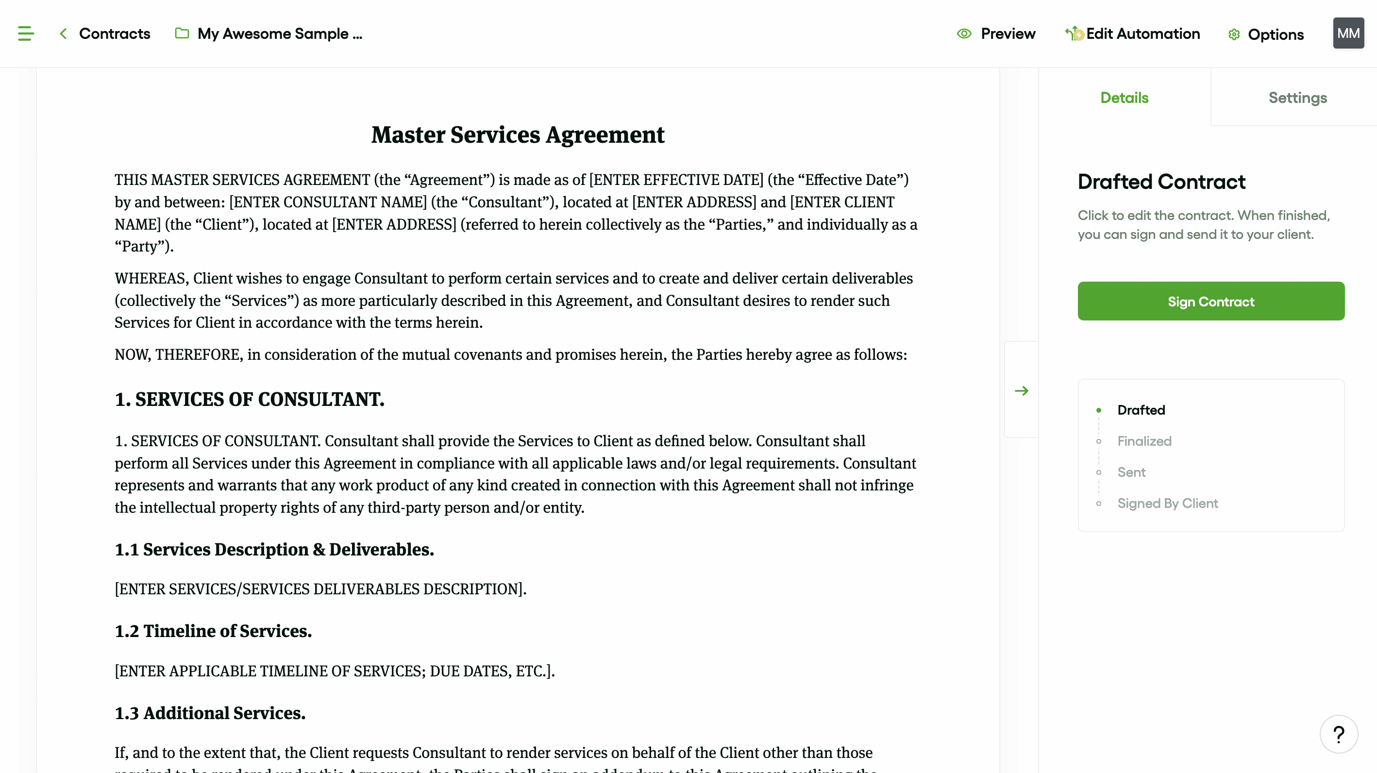 master services contract created on bonsai